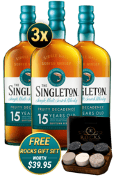 3 x The Singleton of Dufftown 15 Years 700ml w/ ROCKS Whisky Stones Gift Set